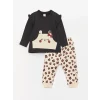 LCW baby Antrasit Bisiklet Yaka Uzun Kollu Baskılı Kız Bebek Sweatshirt ve Pantolon 2li Takım