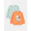 LCW baby Yeşil Bisiklet Yaka Uzun Kollu Baskılı Kız Bebek Sweatshirt 2li