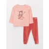 LCW baby Pembe Bisiklet Yaka Uzun Kollu Baskılı Kadife Kız Bebek Pijama Takımı