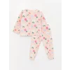 LCW baby Pembe Bisiklet Yaka Uzun Kollu Desenli Pelüş Kız Bebek Pijama Takımı