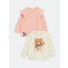 LCW baby Pembe Bisiklet Yaka Baskılı Kız Bebek Sweatshirt 2li