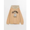 LCW Kids Bej Kapüşonlu Baskılı Uzun Kollu Kız Çocuk Sweatshirt