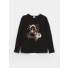 LCW Kids Siyah Bisiklet Yaka Baskılı Uzun Kollu Kız Çocuk Tişört