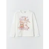LCW Kids Ekru Bisiklet Yaka Baskılı Uzun Kollu Kız Çocuk Tişört