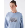 LCWAIKIKI Basic Mavi Bisiklet Yaka Baskılı Uzun Kollu Oversize Kadın Sweatshirt Tunik