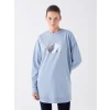 LCWAIKIKI Basic Mavi Bisiklet Yaka Baskılı Uzun Kollu Oversize Kadın Sweatshirt Tunik
