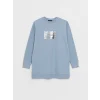 LCWAIKIKI Basic Mavi Bisiklet Yaka Baskılı Uzun Kollu Oversize Kadın Sweatshirt Tunik