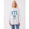 LCW Vision Gri Bisiklet Yaka Baskılı Oversize Kadın Kalın Sweatshirt