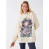 LCW Vision Bej Baskılı Uzun Kollu Oversize Kadın Hoodie