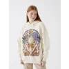 XSIDE Bej Baskılı Oversize Kadın Kalın Hoodie