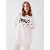LCWAIKIKI Basic Ekru Bisiklet Yaka Baskılı Uzun Kollu Oversize Kadın Sweatshirt Tunik