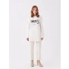 LCWAIKIKI Basic Ekru Bisiklet Yaka Baskılı Uzun Kollu Oversize Kadın Sweatshirt Tunik