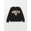 LCW Vision Siyah Bisiklet Yaka Baskılı Uzun Kollu Oversize Kadın Sweatshirt