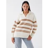 LCW Vision Bej Polo Yaka Çizgili Oversize Kadın Triko Kazak