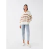 LCW Vision Bej Polo Yaka Çizgili Oversize Kadın Triko Kazak
