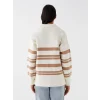LCW Vision Bej Polo Yaka Çizgili Oversize Kadın Triko Kazak