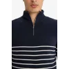 Defacto F1522AXNV64 Lacivert Standart Fit Yarım Fermuarlı Çizgili Triko Kazak