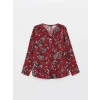 LCW Grace Kırmızı Kaçık Yaka Çiçekli Uzun Kollu Kadın Bluz