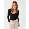 LCW Vision Siyah U Yaka Düz Uzun Kollu Kadın Crop