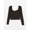 LCW Vision Siyah U Yaka Düz Uzun Kollu Kadın Crop