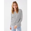 LCW Vision Ekru Bisiklet Yaka Çizgili Uzun Kollu Kadın Tişört