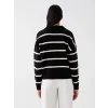LCW Vision Siyah Polo Yaka Çizgili Oversize Kadın Triko Kazak