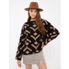 LCW Vision Siyah Bisiklet Yaka Desenli Oversize Kadın Triko Kazak