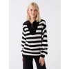 LCW Vision Siyah Dik Yaka Çizgili Kadın Triko Kazak