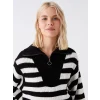 LCW Vision Siyah Dik Yaka Çizgili Kadın Triko Kazak