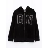 LCW Kids Siyah Kapüşonlu Nakışlı Uzun Kollu Polar Erkek Çocuk Fermuarlı Sweatshirt