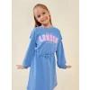 LCW Kids Mavi Bisiklet Yaka Baskılı Uzun Kollu Kız Çocuk Elbise