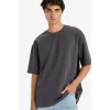 Defacto E9798AXAR104 Antrasit Oversize Geniş Kalıp Bisiklet Yaka Ağır Kumaş Basic Düz Kısa Kollu Tişört
