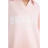 Defacto G6412AXPN364 Pembe Relax Fit Polo Yaka Baskılı Kalın Sweatshirt