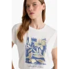Defacto G1882AXER105 Ekru Bisiklet Yaka Çiçekli Kısa Kollu Tişört