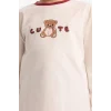 Defacto F7289A8ER136 Ekru Kız Çocuk Pijama Takımı Baskılı Uzun Kollu Üst Çizgili Uzun Alt