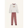 Defacto F7289A8ER136 Ekru Kız Çocuk Pijama Takımı Baskılı Uzun Kollu Üst Çizgili Uzun Alt
