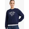 Defacto G6298AXNV251 Lacivert Relax Fit Bisiklet Yaka Baskılı Kalın Sweatshirt