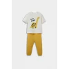 Defacto F3479A5ER134 Ekru Erkek Bebek 2li Takım Dinozor Baskılı Kısa Kollu Tişört Eşofman Altı