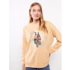 LCWAIKIKI Basic Turuncu Bisiklet Yaka Baskılı Uzun Kollu Oversize Kadın Sweatshirt