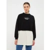 LCW Modest Siyah Bisiklet Yaka Baskılı Uzun Kollu Oversize Kadın Sweatshirt Tunik