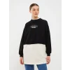 LCW Modest Siyah Bisiklet Yaka Baskılı Uzun Kollu Oversize Kadın Sweatshirt Tunik