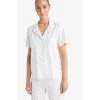 Defacto F7547AXER85 Ekru Pijama Takımı Regular Fit Desenli Kısa Kollu Üst Uzun Alt