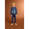 Defacto F0530A5IN59 İndigo Erkek Bebek Pijama Takımı Dinozor Baskılı Uzun Kollu Üst Uzun Alt