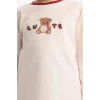 Defacto F7289A8ER136 Ekru Kız Çocuk Pijama Takımı Baskılı Uzun Kollu Üst Çizgili Uzun Alt