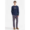 Defacto G7274AXNV31 Lacivert Yılbaşı Temalı Pijama Takımı Regular Fit Uzun Kollu Üst Uzun Alt