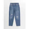 LCW Jeans İndigo Yırtık Detaylı Boyfriend Fit Kadın Jean Pantolon