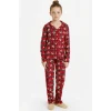 Defacto G7434A8RD28 Kırmızı Kız Çocuk Yılbaşı Temalı Pijama Takımı Kareli Ayıcıklı Uzun Kollu Üst Uzun Alt