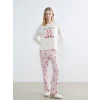 LCW DREAM Ekru Bisiklet Yaka Baskılı Kadın Pijama Takımı