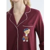 LCW DREAM Bordo Gömlek Yaka Ayı Teddy Baskılı Kadın Pijama Takımı