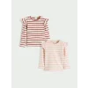 LCW baby Ekru Bisiklet Yaka Fırfırlı Çizgili Kız Bebek Tişört 2li